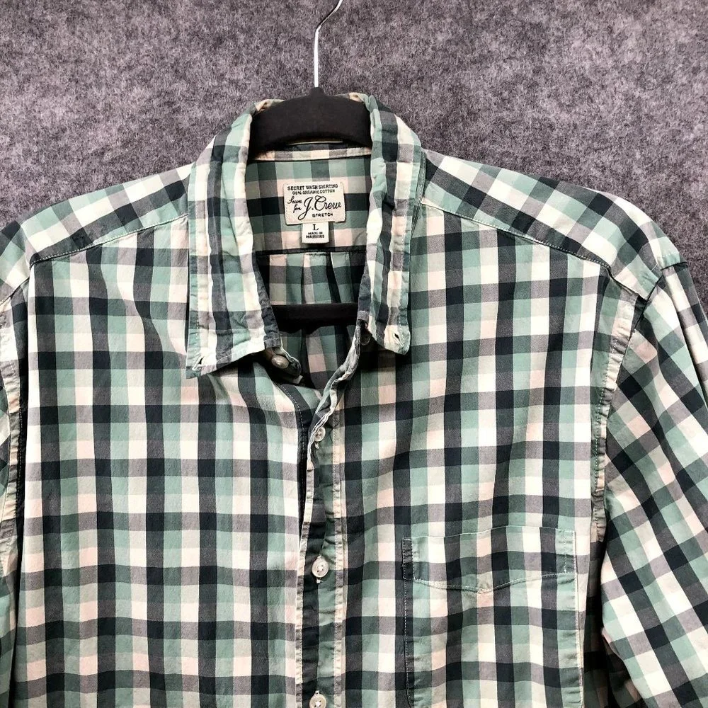 J. Crew Long Sleeve Button Down Shirt Mens‎ L Green Plaid Secret Wash Classic
